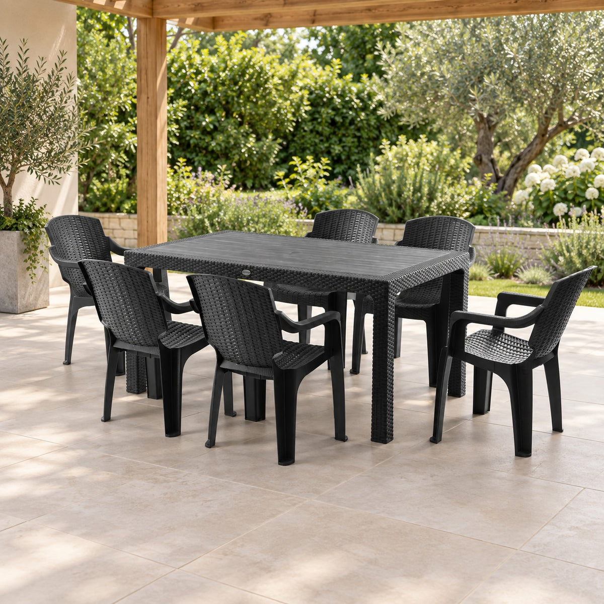 Комплект маса Rattan 125×75 + 6 стола Golf Pro, антрацит/черно, под пергола
