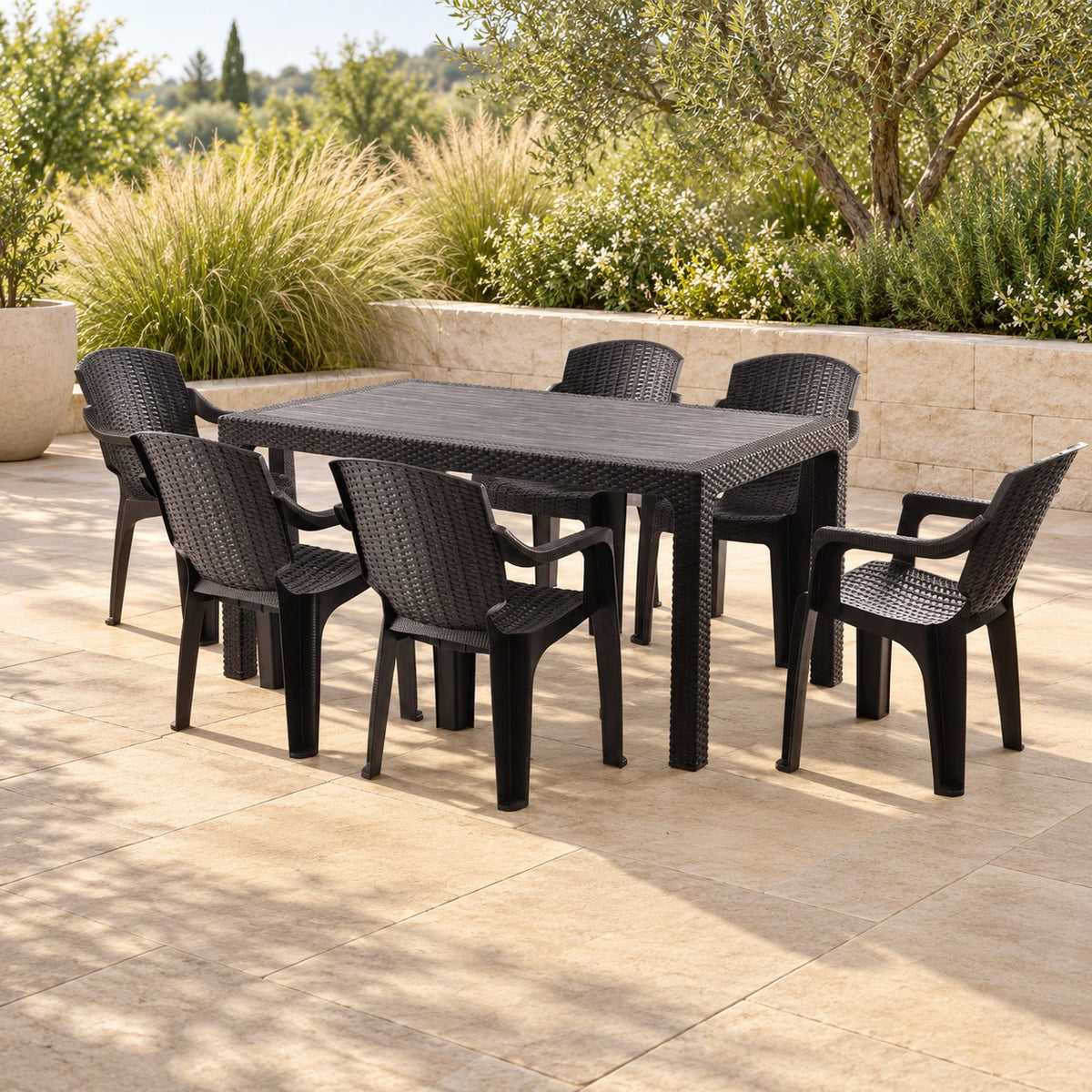 Комплект маса Rattan 125×75 + 6 стола Golf Pro, кафяво, на градинска тераса