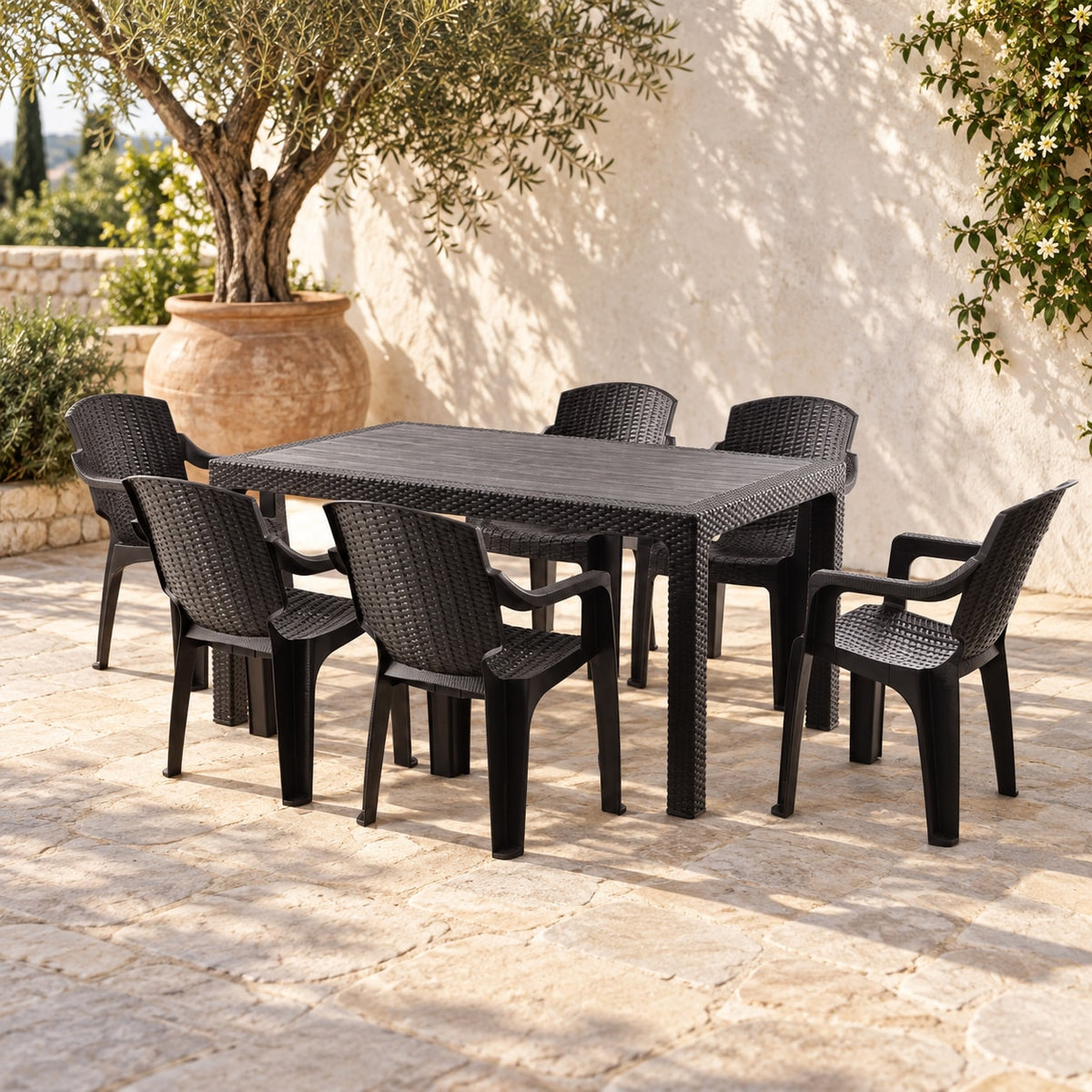 Комплект маса Rattan 125×75 + 6 стола Golf Pro, кафяво, в светъл двор